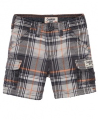 Get carried away! Style and function combine in these plaid cargo shorts from Osh Kosh that will keep him comfortable and help him hold his favorite things all day long.