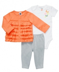 Getting her dressed in something stylish is a snap with this colorful cardigan, bodysuit and leggings set from Carters.