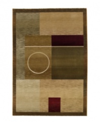 A simple circle within a panel design creates a rug of abstract beauty with tribal allure. The rich palette of beige, olive, khaki and plum features striated accents and subtle gradations for a softly weathered effect.
