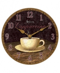 Turn your home kitchen into a cafe with one dreamy cup of cappuccino. A weathered finish adds antique flair to a wall clock with gold hands, numbered hours and the laid-back charm of a classic coffee shop.