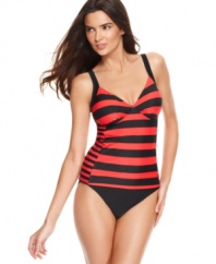 Get the look of a hot tankini with the easy styling of a one piece swimsuit, from Tropical Honey. The fashionably low price and chic striped print make this one a must-have!
