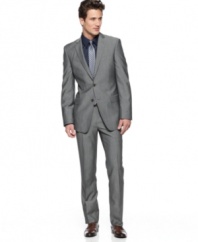 Not sure if the suit makes the man? Try on this slim-fit taupe sharkskin style from DKNY and see if you don't feel like a winner.