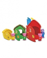Experience the classic story of The Three Little Pigs again and again with these three nesting houses with self-stick fabric closures, a fall-through chimney, three squeaking pigs and a wolf! Easy-grasp play figures wipe clean. Story sheet included!  These new multi-textured toys rattle, jingle, squeak and crinkle in little hands, and are made with ultra-soft materials! These clever activity toys help develop fine motor skills and hand/eye coordination, plus stimulate tactile senses in delightful ways! Multi-piece sets are self-storing and great for travel.  Ages 18 months+  16.5 x 7 x 12.25 boxed