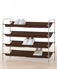 Give mess the boot! Reclaim your floor space and make organization the standard in your home by sorting your shoes on this easy-to-assemble rack that fits seamlessly into any type of closet.