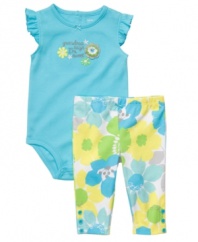 Compliments will spring-up all over when she wears this sweet bodysuit and pant set from Carter's.