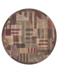 The round shape of this rug creates a distinctive look. A modern design of animated beauty, this rug renders columns in an abstract collage of rectangles accented with graceful curvilinear details. A cool green palette is tinged with warm hues of brown. Woven of premium Opulon(tm) yarns to create a lavish pile with a rich, color-enhancing finish.