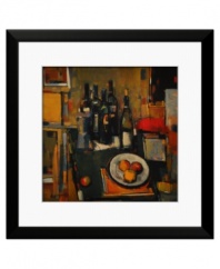 Model your kitchen counter after this vibrant still life. White wine and fruit come into focus in warm yellows, red, sea blues and green. A simple black frame and white mat add a polished finish.