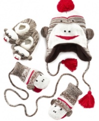 Your whole family will go bananas over these monkey cold weather accessories! Inspired by the sock monkeys of the 1940s, this fun, unique hat will keep your head warm while bringing back memories of the toys Grandma used to sew.