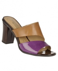 Give your look a trendy boost with the Dea sandals by Naturalizer. With a chunky heel, the simple silhouette sports color blocking in both matte and patent leather.