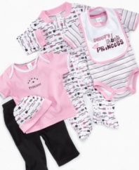 Daddy and his little girl will rock out while she's wearing these spunky matching separates included in this Cutie Pie Baby six-piece set. Included: 1 bib; 1 cap; 1 footed coverall; 1 short-sleeved tee; 1 pair of pants and 1 bodysuit.
