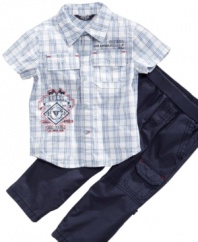 Casually cool. Grab this shirt and convertible pant set from Guess when he needs a stylish outfit that can easily go from daytime to night.