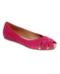 Look on the bright side. Bold hues lend fashionable flair to the open-toe Ester flats by Lucky Brand. Crafted in soft suede, they're an essential for your casual wardrobe.