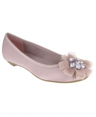 The modern girl's glass slippers. In soft satin with a rhinestone accent at the toe, the Chandelier flats by Mia will give you more girlie glamour than Cinderella.