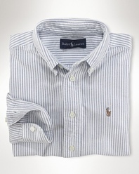 A preppy long-sleeved sport shirt in striped cotton oxford, washed for well-worn softness. Styled in comfortable, classic-fitting Blake silhouette. Button-down collar, applied placket and barrel cuffs. Signature multicolored embroidered pony accents the chest patch pocket. Shirttail hem.