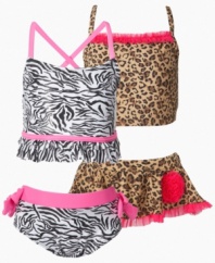 Wet and wild! Bold animal prints on these Flapdoodles two-piece swimsuits keep her style as fun as she is.