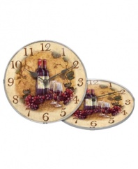 An inspiring clock for your kitchen. Red wine, grapes and glasses for two bring home the essence of an Italian vineyard. Metal hands in a classic teardrop shape match a simple frame.