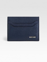 Pebbled Italian leather card case is fashioned with signature logo detail.Six card slots4 x 3Imported