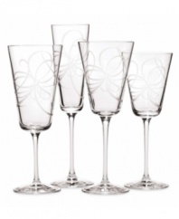 A series of etched, looping ribbons set on sleekly-shaped stemware brings style and sophistication to any affair. Wine glass shown far right.