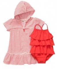 In or out of the water, she'll be stylish and comfortable with this bright swimsuit and hooded cover up set from Carter's.