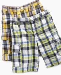 He'll be decidedly rad in plaid when he's sporting these cargo shorts from Greendog.