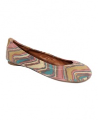 Chic and colorful. Swirls of color stylishly stand out on the printed satin of the Emmie flats by Lucky Brand. Crafted in satin, they feature a logo-stamped leather patch at back.