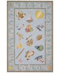 Tickle his baby blues with this adorable, whimsical rug from Momeni's Lil Mo Classic collection. In a throwback to old-fashion nursery styling, the power-blue rug features an assortment of childhood images like a hot air balloon, teddy bear and rocking horse--exciting sights for any little one. An alphabet-themed border offers a head start on learning!  Hand-hooked of pure cotton, Lil Mo Classics feature a cut-loop construction that gives the printed motifs a raised effect and tons of texture.