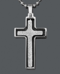 Put a new spin on your style while expressing your faith. This intricate men's necklace features a double cross pendant set in smooth and textured stainless steel with a matching bead chain. Approximate length: 24 inches. Approximate drop width: 1 inch. Approximate drop length: 1-1/2 inches.