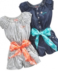 Take a one-way street to style. Get her ready in one step with these darling denim rompers from Guess.