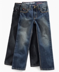 Wear through the legs makes these jeans from Tommy Hilfiger look worn-in and vintage; a look your little man will love.