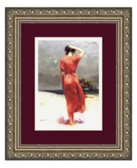 An elegant companion for seaside homes, this art print features a woman caught up in the ocean's salty breeze. The contrast of dark sky and white sand suggest an incoming storm. A maroon mat and antique silver frame with scroll and beaded detail draw your attention to the figure.
