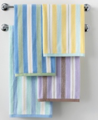 Martha Stewart Collection brings bright and colorful hues to your bathroom with this Plush Stripe bath towel, featuring multi-colored stripe patterns in pure cotton softness for exceptional comfort.