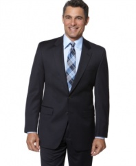 Relax in smooth, truly dapper style. This handsome navy jacket features a single-breasted, two-button front and notch lapel. Chest welt pocket, front flap pockets. Center back vent.