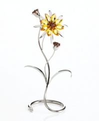Marigold-inspired blossoms crafted in light topaz with smoked topaz crystal accents inspire instant cheer in any environment. The sunny yellow petals take root in a gracefully swirling, silvertone metal stand.