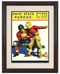 Show 'em how it's done with vintage cover art from the 1938 Ohio State-Purdue football game. Matted and framed in cherry-colored wood, this wall art will resonate with any college sports fan.