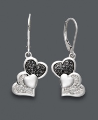 These Treasured Hearts earrings put a modern twist on the iconic heart symbol. Three overlapping hearts shine with the addition of sparkling, round-cut black diamonds (1/4 ct. t.w.) and white diamonds (1/10 ct. t.w.). Crafted in sterling silver. Approximate drop: 1-1/4 inches.