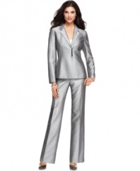 A striking shimmer makes this Calvin Klein suit stunning. Seamed details through the jacket and a sleek minimalist bar closure lend modern appeal.