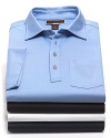 Liquid jersey cotton knit short sleeved polo. Four-logo button placket.
