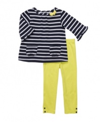 Stripes step up your little fashionista's style in this shirt and leggings set from Carters. Front pockets and bow and button details make this easy outfit a go-to gem.