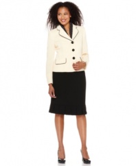 Contrasting trim and clean lines give this jacket a tailored look while a pop of polka dots from a removable scarf adds a fresh feel. Evan Picone's latest skirt suit is polished from top to it's pretty pleated hem!