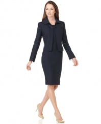Look sharp in Evan Picone's latest suit, featuring a shapely sheath dress and a coordinating jacket with tailored seaming details.