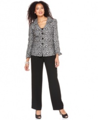A filigree pattern and tailored touches on the jacket makes this Le Suit pants suit stand out from the rest. Easily pairs with black pumps but also looks great with a bold color, like red!