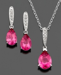 Make a charming entrance with this beautiful necklace and earrings set. Pear-cut pink topaz (6-1/3 ct. t.w.) are highlighted by round-cut diamond accents set in sterling silver. Pendant measures approximately 18 inches with a 1-inch drop. Earring drop measures approximately 3/4 inch.