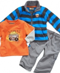 Start him stepping to a beat of his own in this rockin' shirt, jacket and pant set from Nannette.