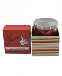 Yet another reason to love Fiesta, this scarlet-colored candle enhances your den, kitchen or bath with the delicious scent of red currant. A metal lid embossed with the style icon's famous flamenco dancer caps it all off. With a coordinating gift box.
