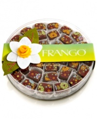 A collection of flowers in full bloom are painted upon each dark chocolate mint piece for an even more enticing presentation from Frango. Wrapped in a beautiful box, Frango's gourmet chocolates are the perfect after-dinner treat for your family or surprise gift for anyone.