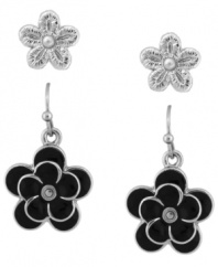 Fresh as a daisy. Spice up your style with a springtime touch. Jessica Simpson's pretty earrings set features a pair of simple flower studs and a pair of dangling flower drop earrings in shiny black enamel. Set in silver tone mixed metal. Approximate diameter: 1/2 inch. Approximate drop: 1 inch.