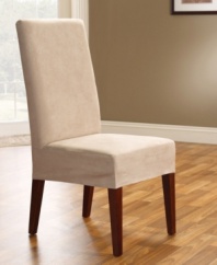 Renew your dining room chair with luxury and style. Featuring the soft look and feel of suede combined with the durability and ease of care you can expect from Sure Fit, with a short skirt that allows the beauty of the chair legs to show.