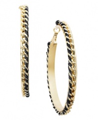 Get all tied up in knots. Bar III puts a modern spin on traditional hoop earrings with a chic weave design, black ribbon accents, and a gold tone mixed metal setting. Approximate diameter: 2 inches.
