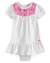 Subtle blue and white stripes paired with pretty pink embroidery make this dress and diaper cover set from Juicy the perfect ensemble for a fashionable play-date.