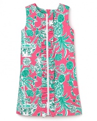 Let the sun shine with this lovable Lilly Pulitzer ruffle dress sporting a playful floral print and a bright ribbon stripe.